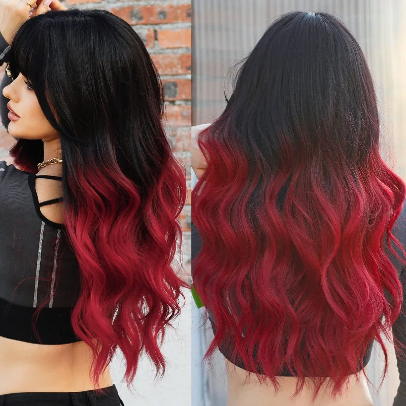 Wavy wig with a side - part for a more flattering lookLong Wavy Ombre Red Brown Wig