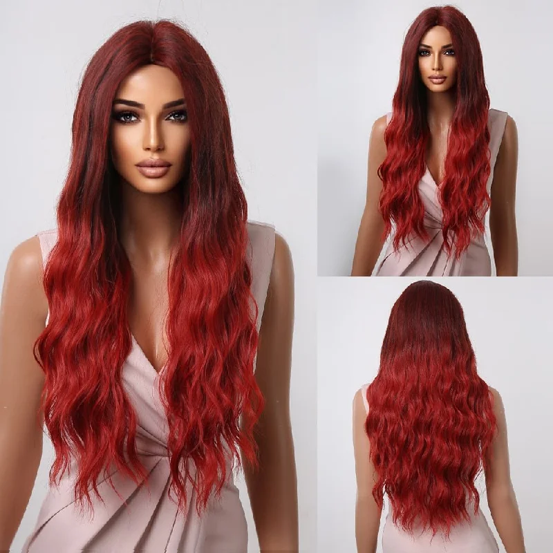 Wavy wig with a 180 - density for a full and thick appearanceLong Wavy Ombre Red Synthetic Hair Wig