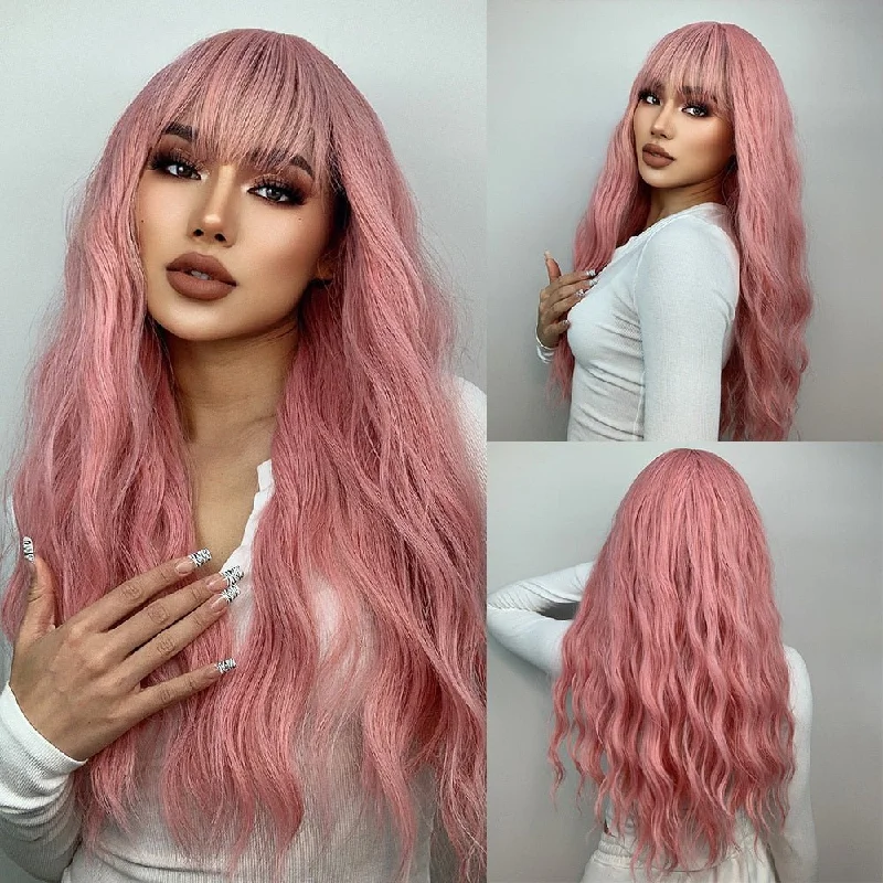 Wavy wig with a water - wave texture for a unique and stylish choiceLong Wavy Pink Synthetic Wigs with Bangs