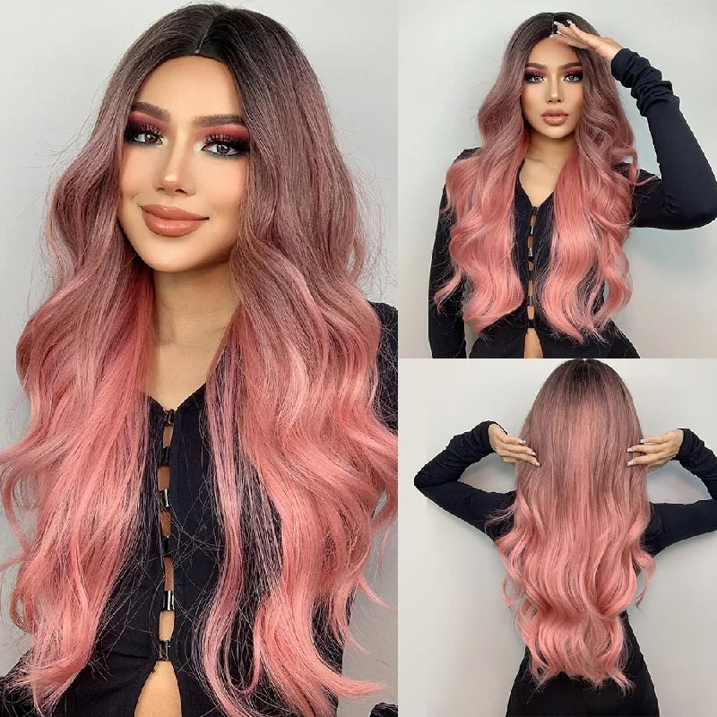 Virgin - human - hair wavy wig for the highest qualityLong Wavy Pink with Brown Root Synthetic Wigs