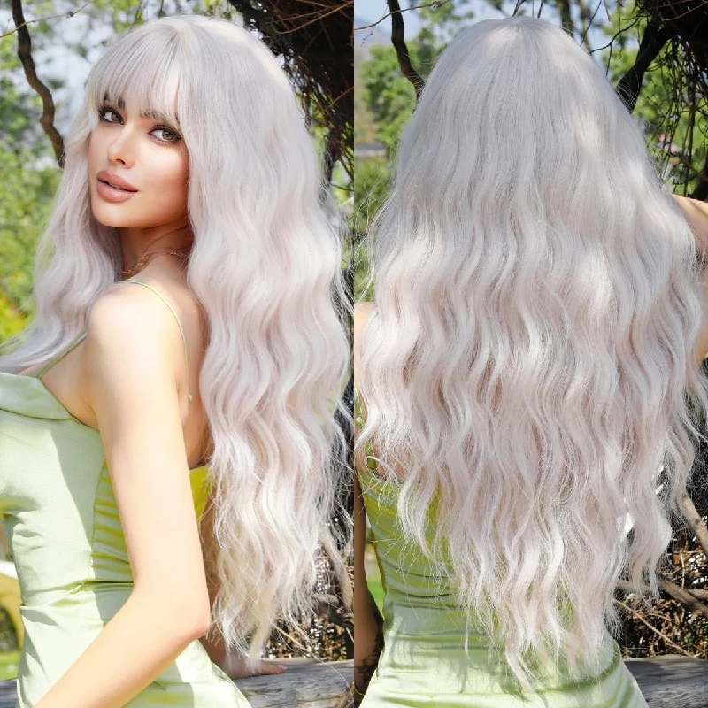 Lace - front wavy wig for a realistic hairlineLong Wavy Platinum with Fluffy Wigs