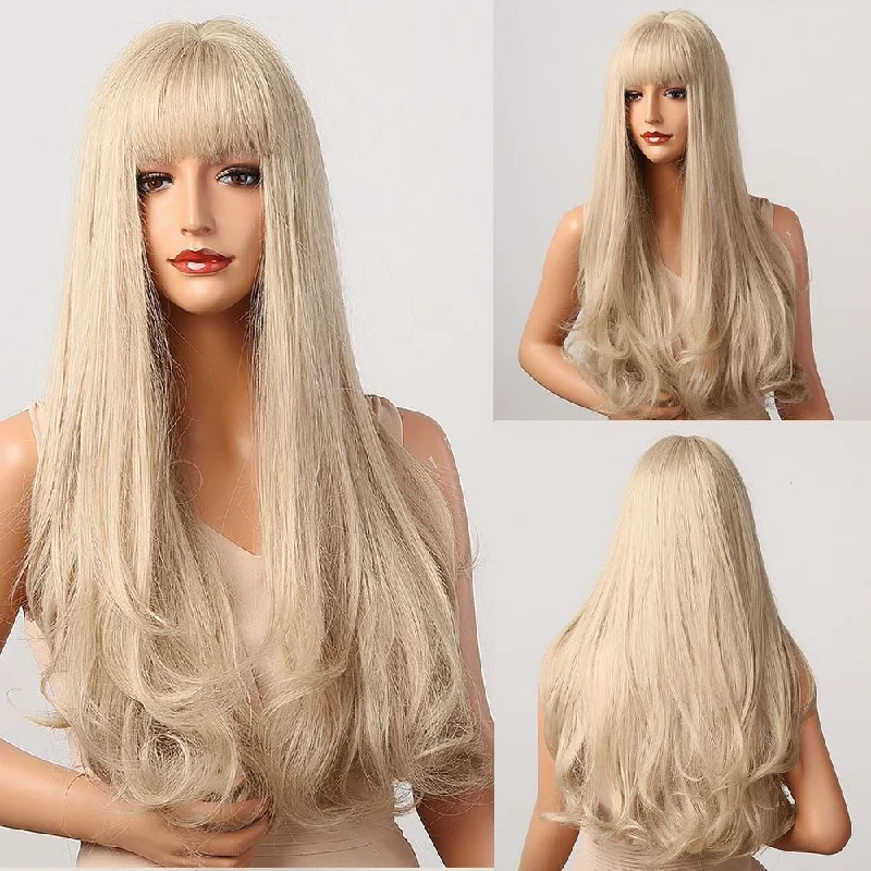 Wavy wig with a water - wave texture for a unique and stylish choiceLong Wavy White Blonde Wigs with Bangs