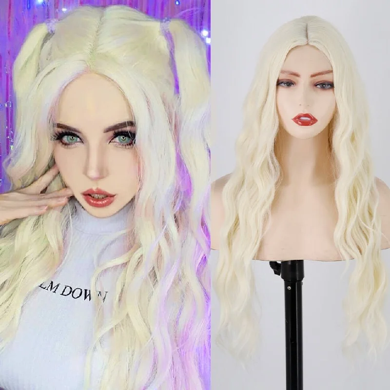 Wavy wig with auburn undertones for a unique and eye - catching colorLong White Blonde Wavy Hairstyle Synthetic Wigs