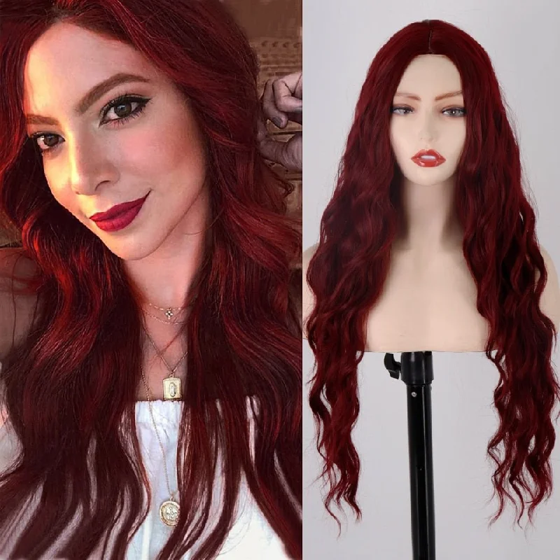 Wavy wig with a pre - bleached knot for a natural - looking scalpLong Wine Red Wavy Hairstyle Synthetic Wigs