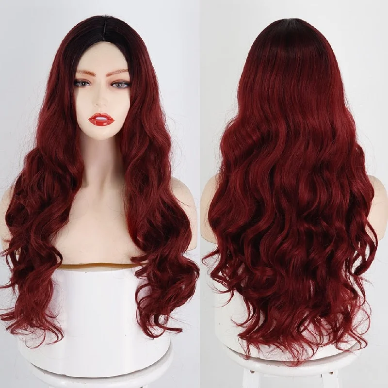 Wavy wig with a water - wave texture for a unique and stylish choiceLong WineRed Wavy Hairstyle Synthetic Wigs