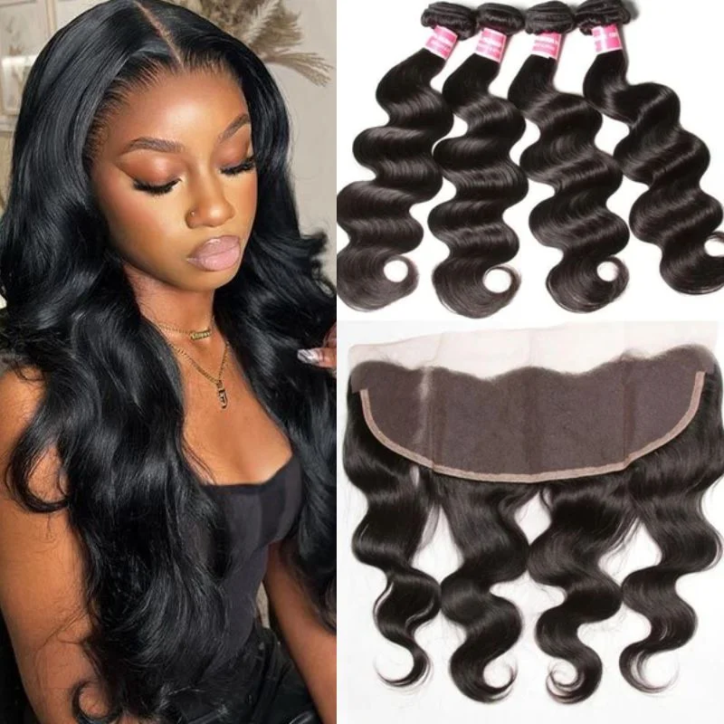 Synthetic wavy wig with a heat - friendly formulaKlaiyi Malaysian Body Wave Virgin Hair 4 Bundles with Frontal Closure Natural Color