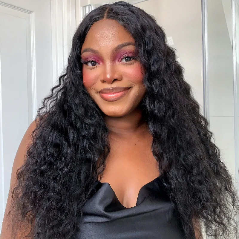 Curly wig with a middle - part for a classic and elegant styleNatural Black Water Wave Lace Front Wig Pre-Cut Glueless Wig Ready Go Human Hair Wigs