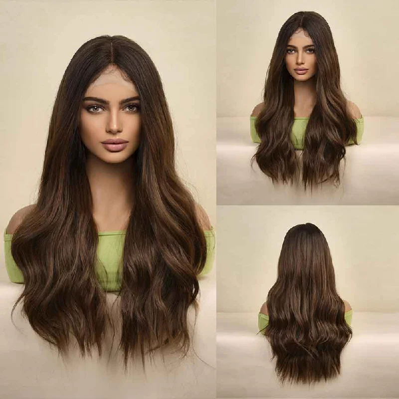 Synthetic wavy wig with a heat - friendly formulaNatural Lace Front Dark Brown Wig