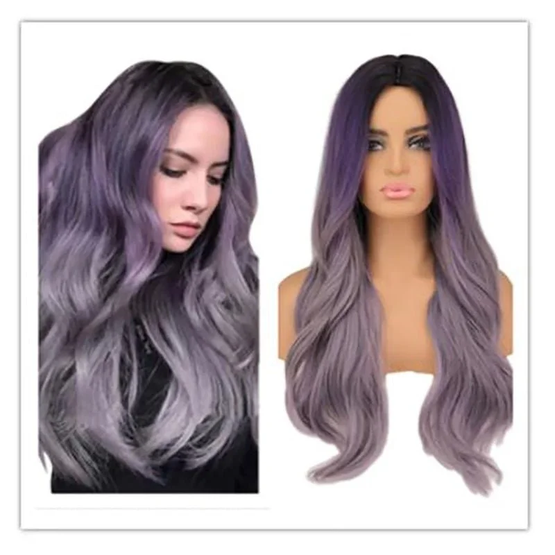 Human - hair wavy wig for a natural and luxurious feelOmbre Black Purple Wavy Full  Synthetic Wig