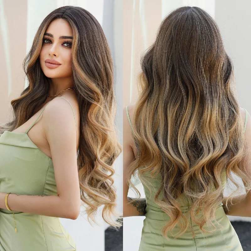 Wavy wig with a water - wave texture for a unique and stylish choiceOmbre Blonde Brown Long Wavy Wig