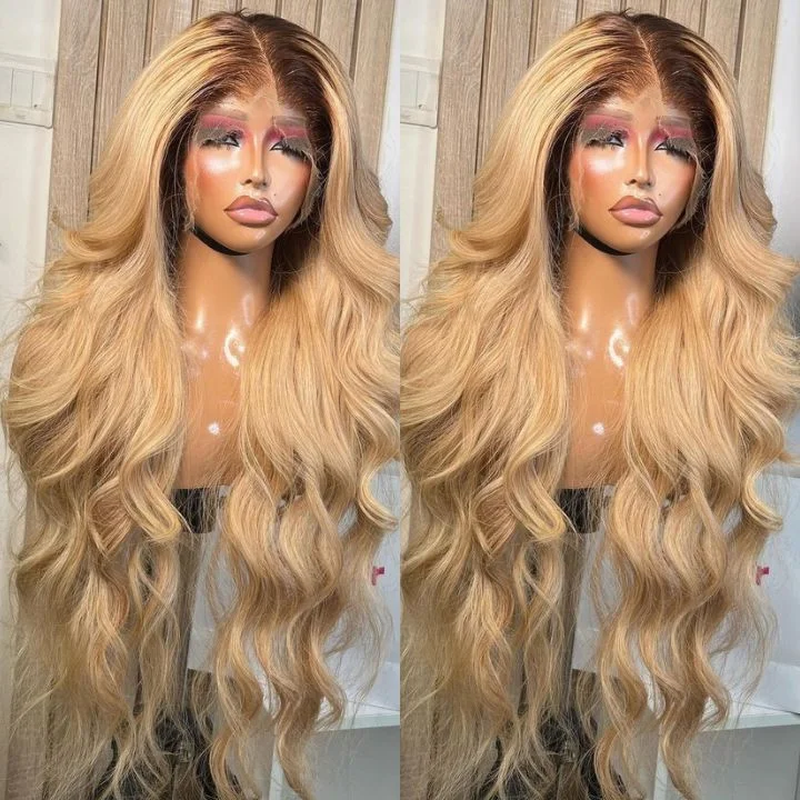 Wavy wig with auburn undertones for a unique and eye - catching colorOmbre Blonde Dark Root Body Wave Human Hair Lace Front Wig