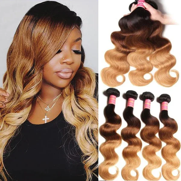 Wavy wig with a pre - styled curl pattern for convenienceKlaiyi 3 Tone Ombre Human Hair Body Wave 3/4 Bundles Hair Weave 1b/4/27 Color