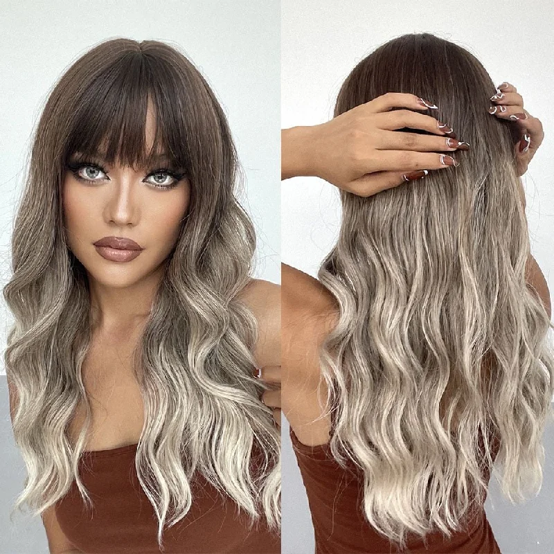 Wavy wig with a pre - bleached knot for a natural - looking scalpOmbre Synthetic Long body Wave Wigs with Bangs