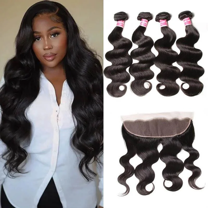 Wavy wig with a wavy bang for a trendy and modern styleKlaiyi Peruvian Body Wave Virgin Hair 4 Bundles with Frontal Closure Natural Color