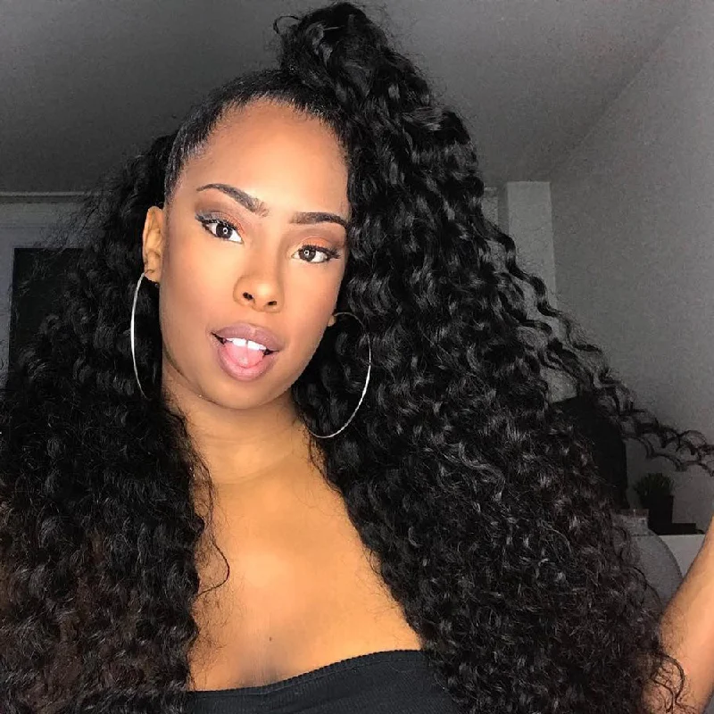 Heat - resistant wavy wig for easy styling at homeSunber Hair Peruvian Deep Wave Hair 3 Bundles With  4"*4" Lace Closure, Free Part, 100%  Human Hair