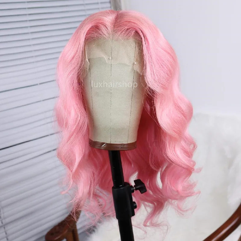 Short wig with a blunt bob cut for a modern and sleek stylePeruvian Hair Body Wave Lace Front Wig Light Pink Color