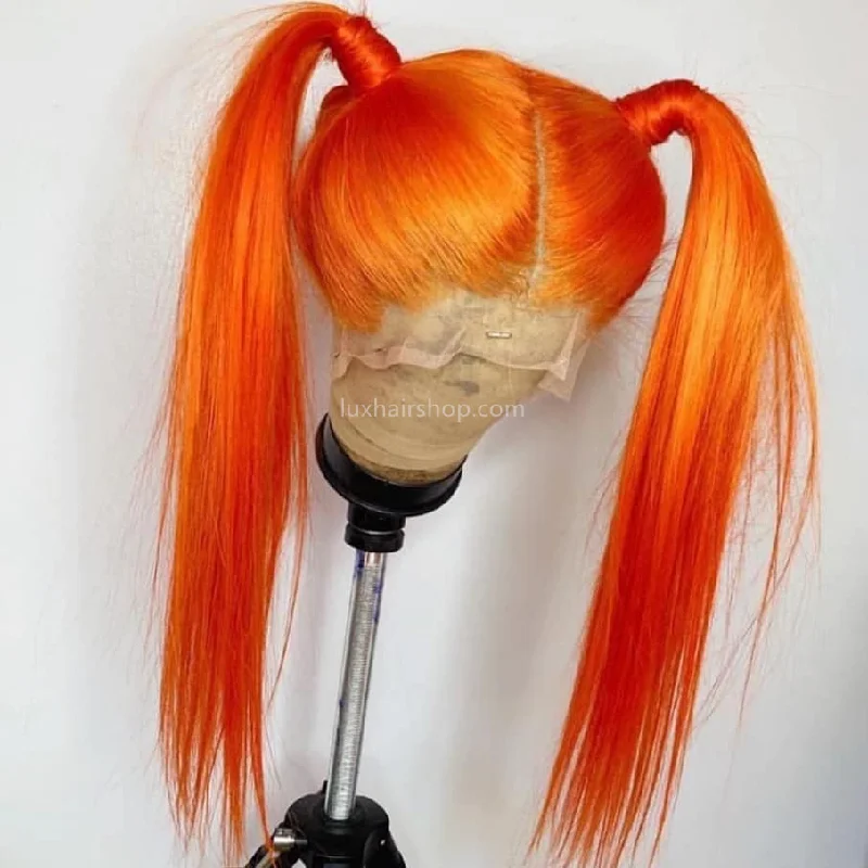 Heat - resistant short wig for easy styling with hot toolsPeruvian Hair Bright Orange Color Straight Lace Front wig