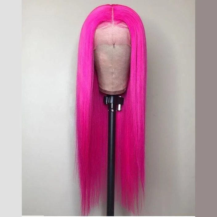 Short wig made from high - quality human hair for a luxurious feelPeruvian Hair Fuchsia Color Straight Long Lace Front Wig