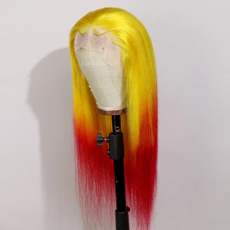 Short wig with a gradient color for a modern and stylish appearancePeruvian Hair Gradient Color Yellow And Red Straight Lace Front Wig