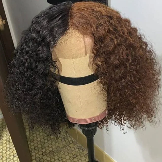 Synthetic short wig with a natural - looking shinePeruvian Hair Half Black And Half Brown Curly Lace Front Wig