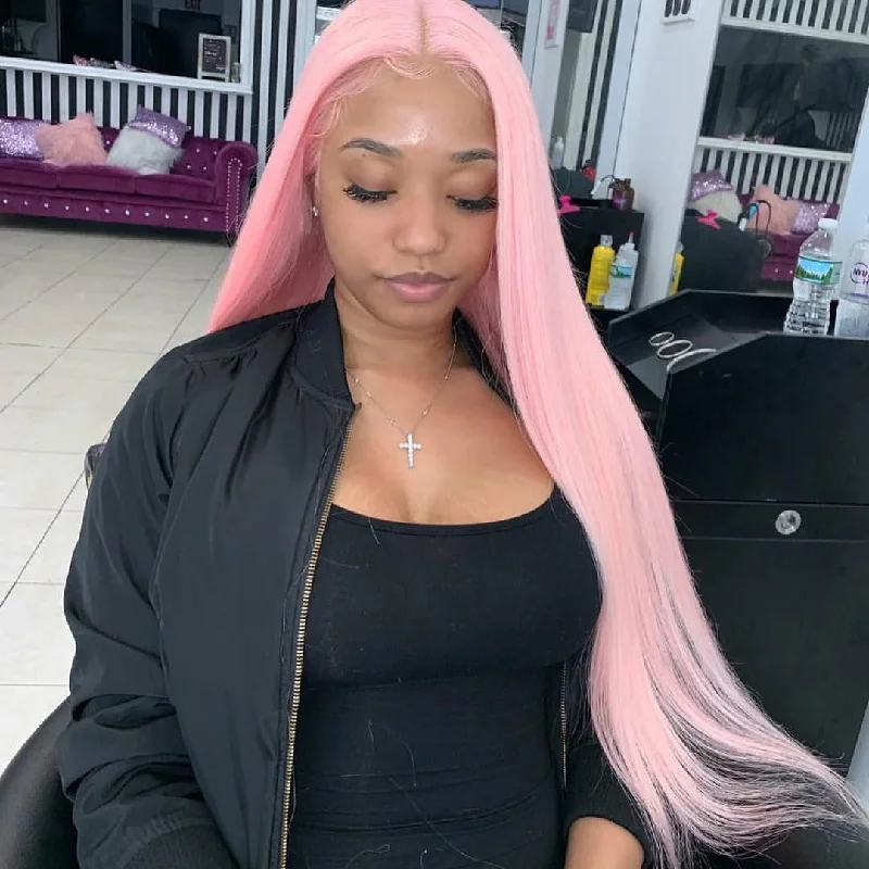 Lace - front short wig for a seamless and realistic hairlinePeruvian Hair Light Pink Color Straight Lace Front Wig