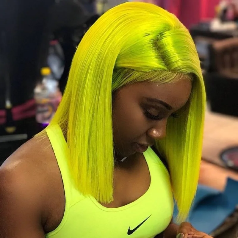 Layered short wig to add volume and dimensionPeruvian Hair Neon Green Color Straight Fashion Lace Front Wig