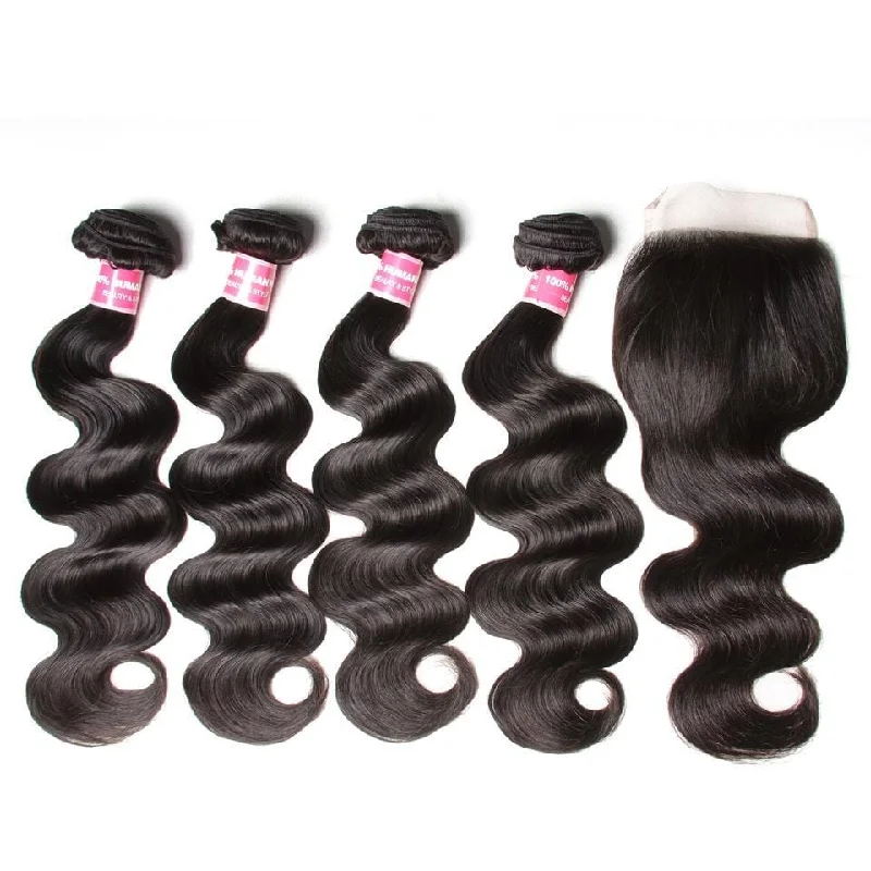 Wavy wig in a chocolate - brown color for a rich and warm appearanceKlaiyi Peruvian Virgin Body Wave 4 Pcs with Lace Closure, 7a Grade Virgin Human Hair Weave Extensions