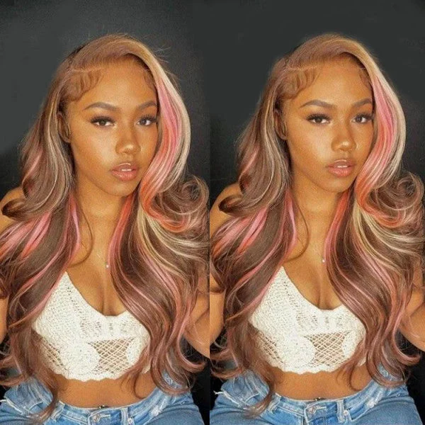 Heat - resistant wavy wig for easy styling at homePink Balayage Brown Highlight Blonde Human Hair Body Wave Lace Front Wig