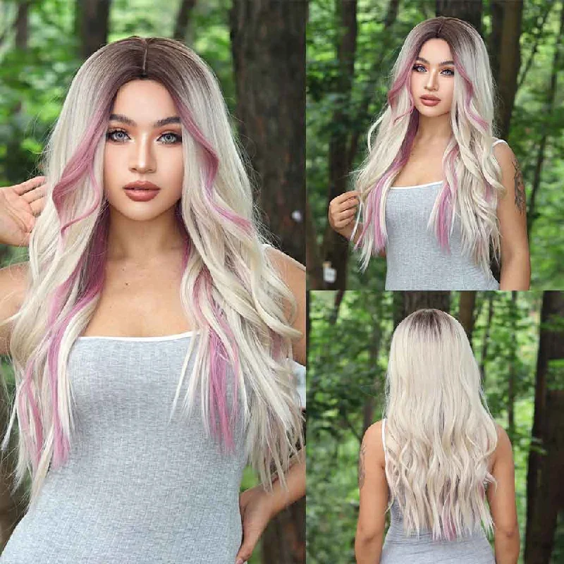 Human - hair wavy wig for a natural and luxurious feelPink Blonde Long Wavy Hair Synthetic Wig