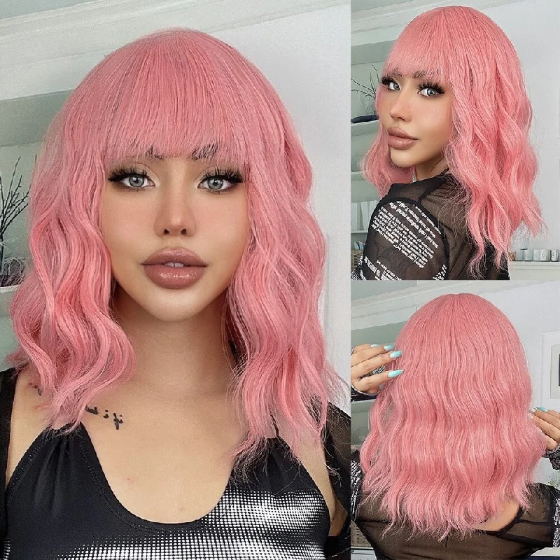 Long - length wavy wig with loose waves for a glamorous lookPink Ombre Short Bob Wave Synthetic Wigs