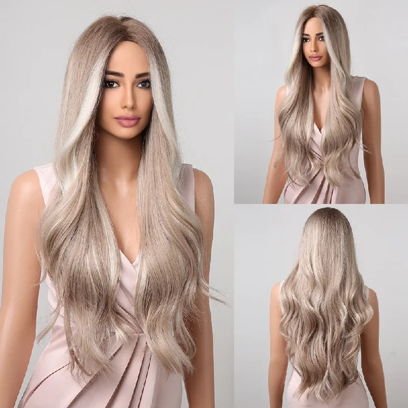 Wavy wig with a silk - base cap for a comfortable and smooth feelPlatinum Blonde with White Highlight Synthetic Wigs