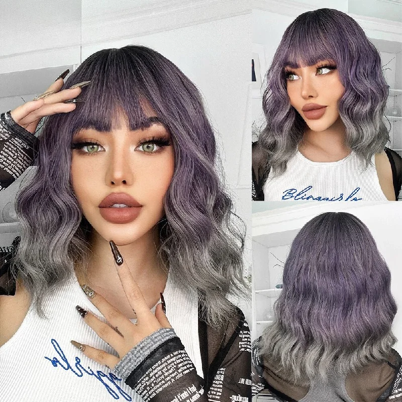 Wavy wig with a silk - base cap for a comfortable and smooth feelPurple  Ash Blonde Ombre Bob Synthetic Wigs