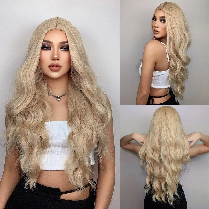 Ombre wavy wig with a seamless color blendBlonde Long Wavy Synthetic Wigs