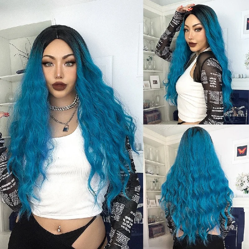 Wavy wig with a pre - styled curl pattern for convenienceBlue Long Wavy Synthetic Wigs