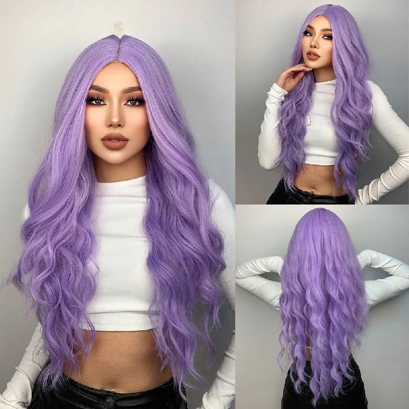 Heat - resistant wavy wig for easy styling at homePurple Long Wavy Synthetic Wigs