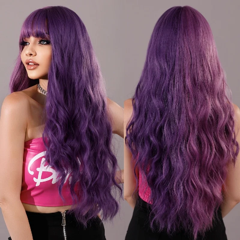 Wavy wig with a 180 - density for a full and thick appearancePurple Long Wavy with Bangs Wigs