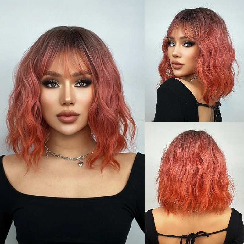 Wavy wig with a side - part for a more flattering lookAuburn Ombre Short Bob Wave Synthetic Wigs