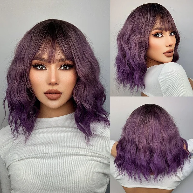 Wavy wig with auburn undertones for a unique and eye - catching colorPurple Ombre Short Bob Wave Synthetic Wigs