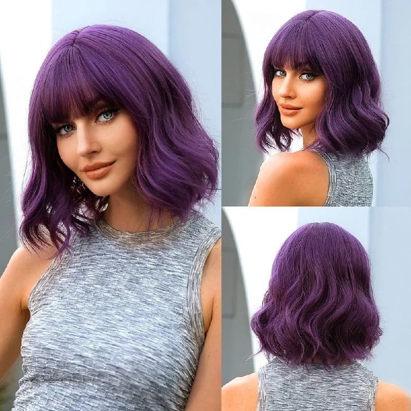 Wavy wig with a pre - styled curl pattern for conveniencePurple Short Wavy Wig with Bangs