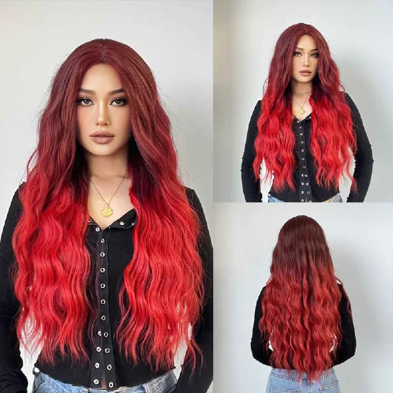 Heat - resistant wavy wig for easy styling at homeRed Long Wavy Ombre Synthetic Wig