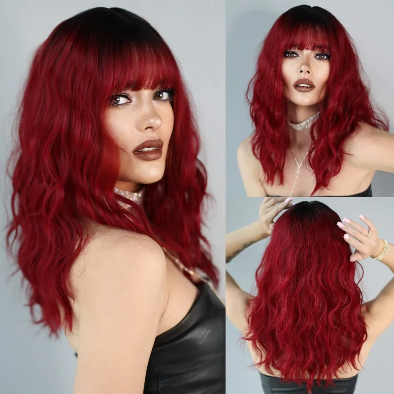 Wavy wig with a silk - base cap for a comfortable and smooth feelRed Long Wavy with Bangs Wigs