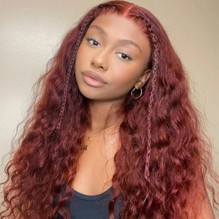 Curly wig with a wavy fringe for a soft and feminine lookReddish Brown Wear Go Glueless Wig Pre Plucked Water Wave Wig 180% Density