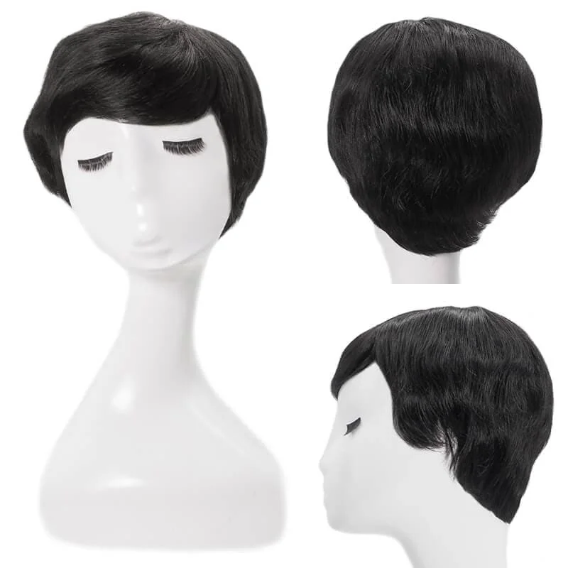 Short wig with a geometric pattern for a unique and fashion - forward designShort Pixie Cut Human Hair Wigs With Bangs Glueless Natural Black