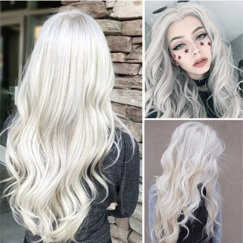 Wavy wig with a middle - part for a classic and elegant styleSilver White Wavy Natural Full  Synthetic Wig