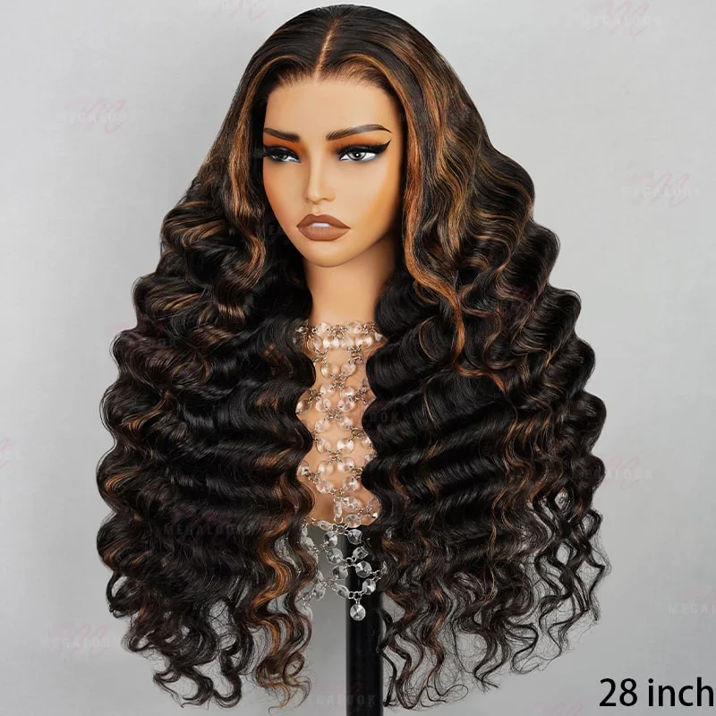 Wavy wig with a wavy bang for a trendy and modern style(Super Sale)Megalook 13x4 Lace Front Long Mixed Brown Black 6x5 Pre Cut Wear Go Loose Wave Pre-plucked Glamorous Wigs