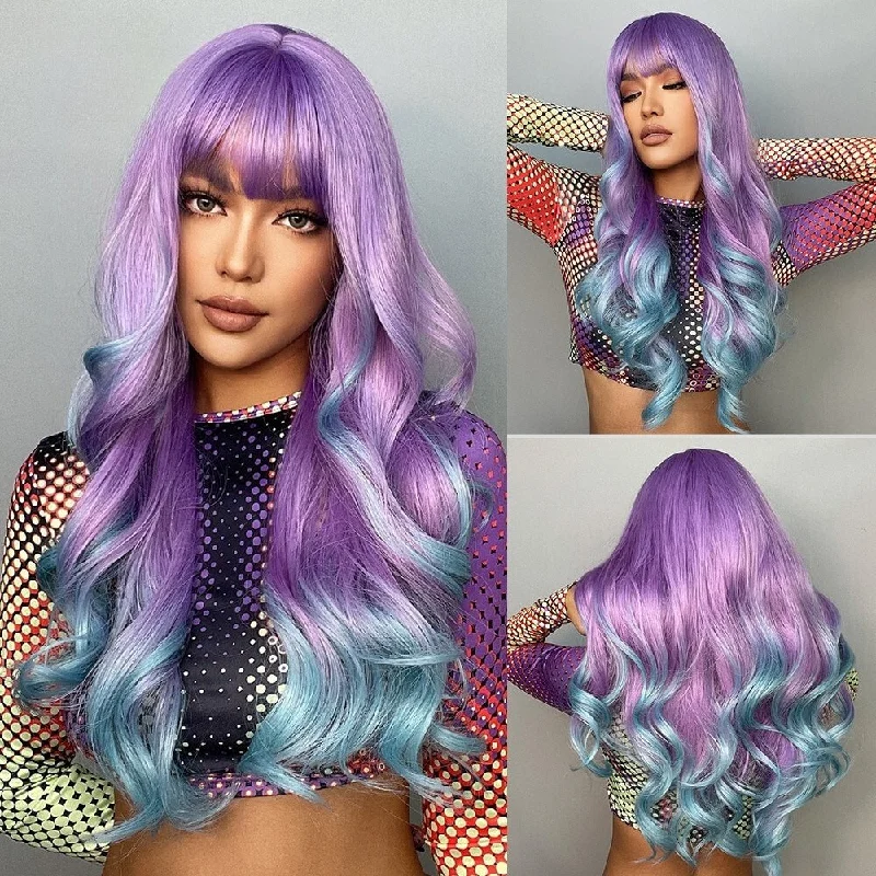 Wavy wig with auburn undertones for a unique and eye - catching colorSynthetic Long Wavy Purple + Blue Ombre Wig