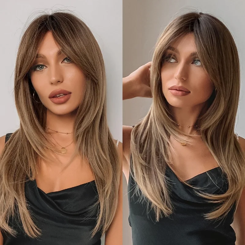 Wavy wig with a natural - looking root for a more realistic lookSynthetic Women's Brown Wavy Wigs