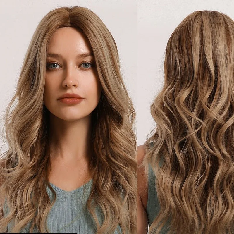 Wavy wig with a pre - bleached knot for a natural - looking scalpSynthetic Women's Long Blonde Wavy Wigs