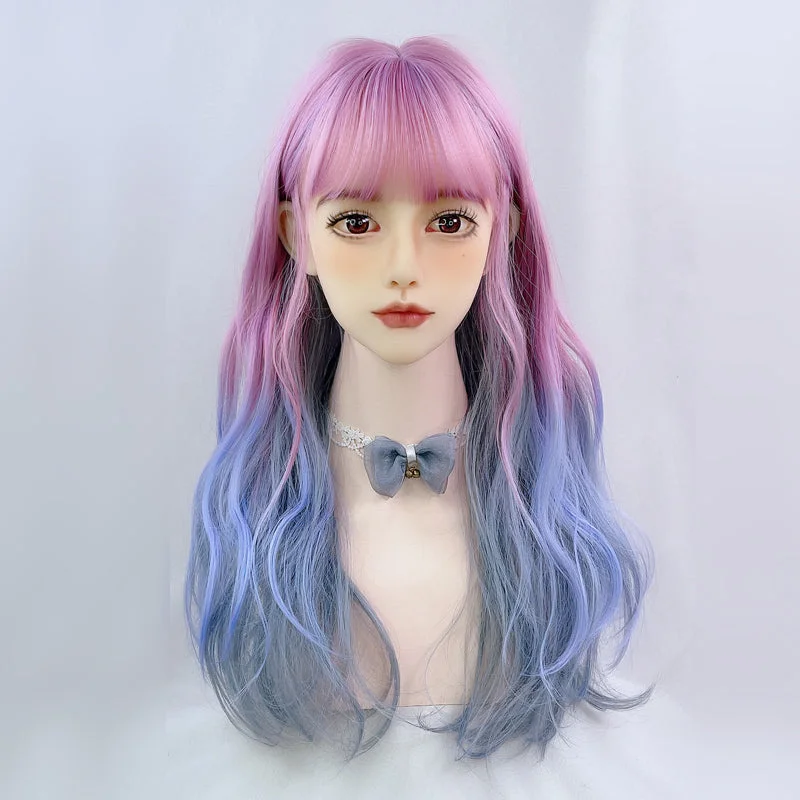 Curly wig with a 220 - density for an extra - full appearanceUnicorn pink blue gradient wig yv30222