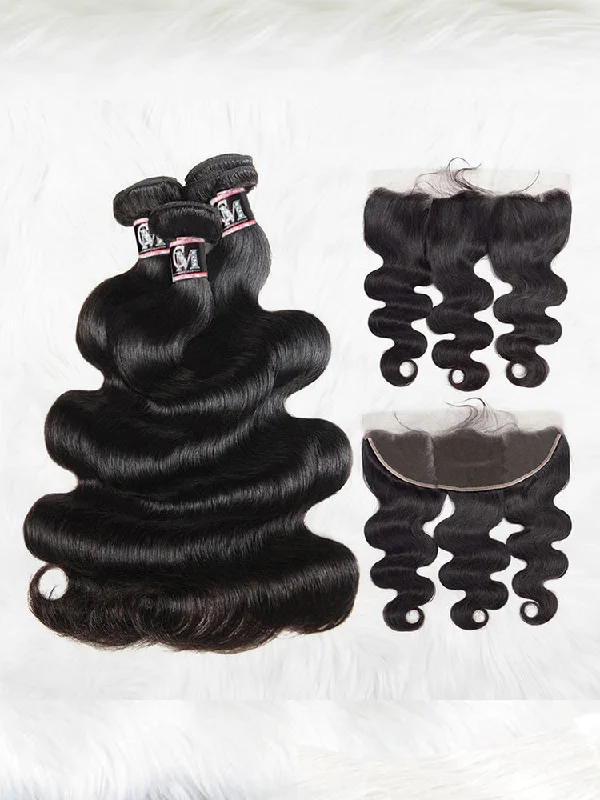 Wavy wig with a silk - base cap for a comfortable and smooth feelCurlyMe Body Wave Virgin Human Hair 3 Bundles With 13x4 Frontal Natural Black